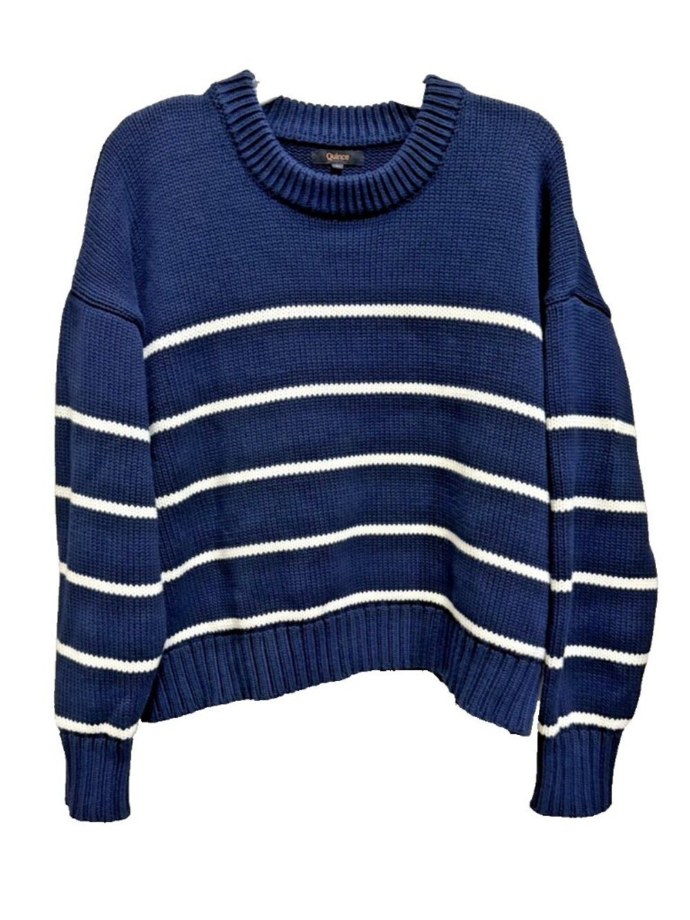 Quince Knit 100% Organic Cotton Striped Crew Neck Sweater Navy White L Fisherman